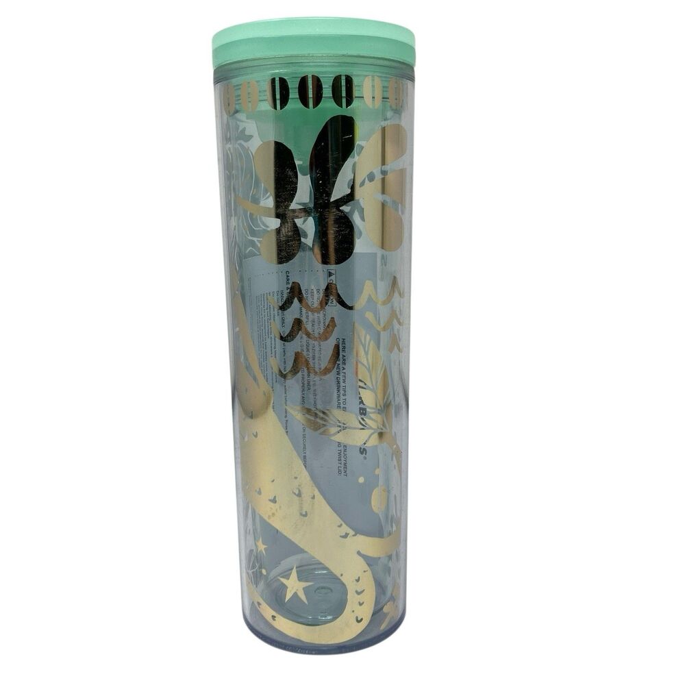Starbucks Tumbler 16oz Mint Green Gold Print Double Wall Cold Cup Reusable 473ml - Picture 3 of 10